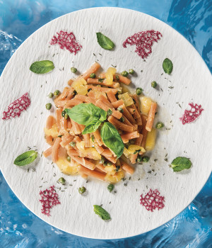 Lentil pasta with yellow tomatoes, Capers, Anchovies and fresh herbs