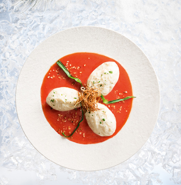 MANTECATO DI BACCALÀ  SU VELLUTATA  DI POMODORO