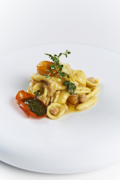 MARITATI WITH ÈBACCALÀ, CREAMED  CHICKPEAS, YELLOW DATTERINI TOMATO  SAUCE AND MARJORAM PESTO