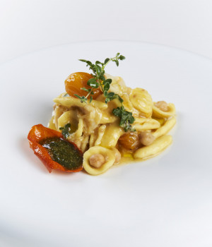 MARITATI WITH ÈBACCALÀ, CREAMED  CHICKPEAS, YELLOW DATTERINI TOMATO  SAUCE AND MARJORAM PESTO