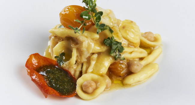 MARITATI WITH ÈBACCALÀ, CREAMED  CHICKPEAS, YELLOW DATTERINI TOMATO  SAUCE AND MARJORAM PESTO