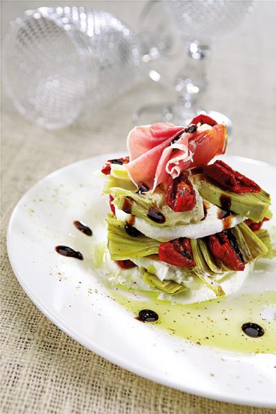 Mille-feuille  with buffalo mozzarella, Artichokes, Soleggiati tomatoes and Balsamic Vinegar.