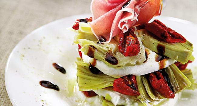 Mille-feuille  with buffalo mozzarella, Artichokes, Soleggiati tomatoes and Balsamic Vinegar.