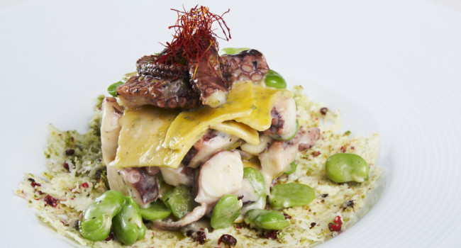SAFFRON MILLEINFRANTI  WITH ÈCACIOEPEPE SAUCE, FAVA BEANS  AND ROASTED LIME OCTOPUS