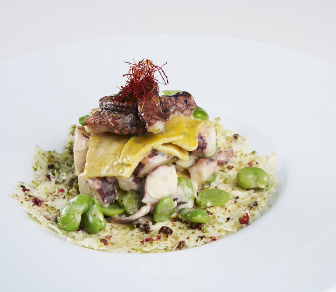 MILLEINFRANTI ALLO ZAFFERANO  CON ÈCACIOEPEPE, FAVE FRESCHE E  POLPO ROSTICCIATO AL PROFUMO DI LIME