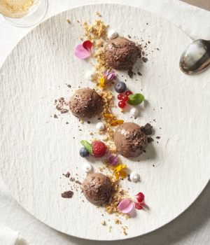 Mousse de chocolate con avellanas tostadas y frutas del bosque