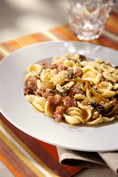 Orecchiette pasta with turnip tops and sausages