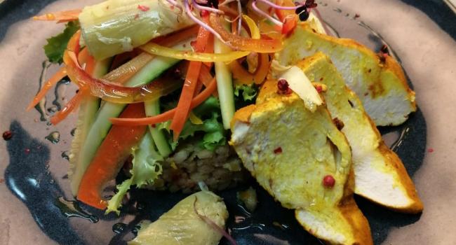 Barley with vegetables-artichokes  salad and turmeric chicken