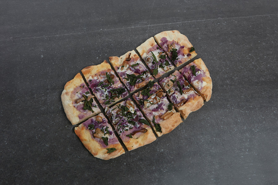 P.A.L.A.  pizza with mushrooms, red cabbage and 5 cheese sauce.