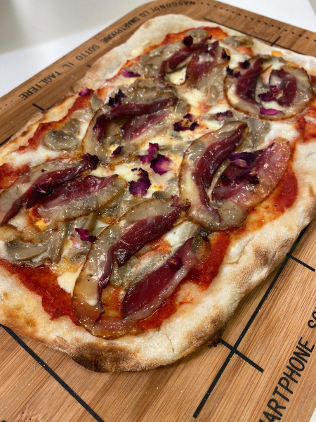 Pizza P.A.L.A.  with Portobello mushrooms, pecorino cheese and  smoked goose breast