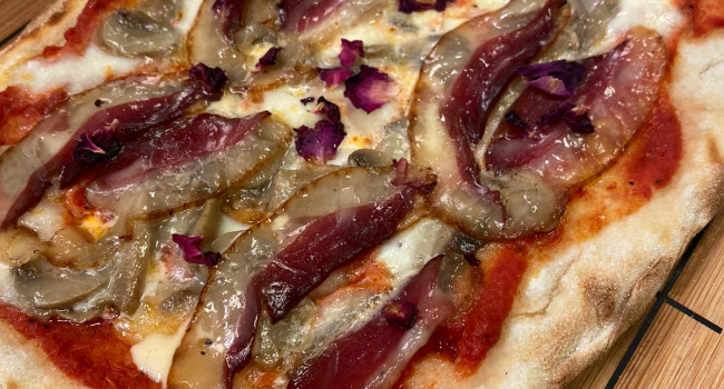 Pizza P.A.L.A.  with Portobello mushrooms, pecorino cheese and  smoked goose breast
