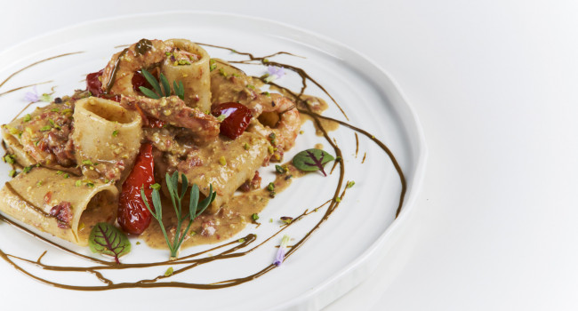 PACCHERI WITH PISTACHIO PESTO,  SOLEGGIATI TOMATOES AND PRAWNS