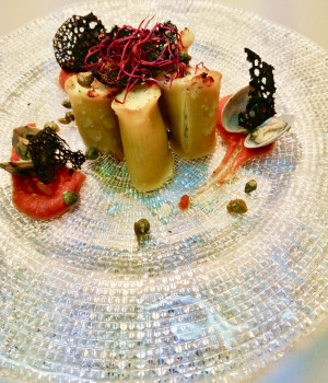 Cod stuffed paccheri with baby capers and pomodorina coulis
