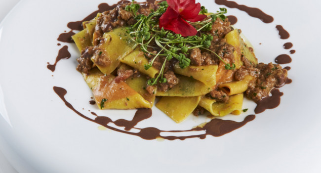THREE-COLOUR PAPPARDELLE WITH WILD BOAR SAUCE  AND COCOA PECORINO CHEESE SAUCE