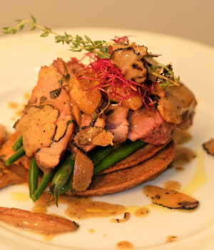 Pan seared duck breast, green beans, porcini, truffle and chestnuts pancake