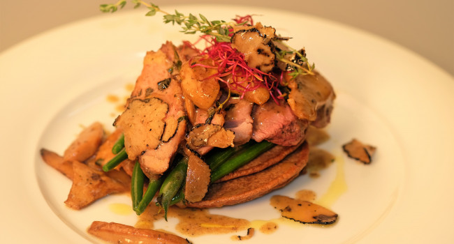Pan seared duck breast, green beans, porcini, truffle and chestnuts pancake
