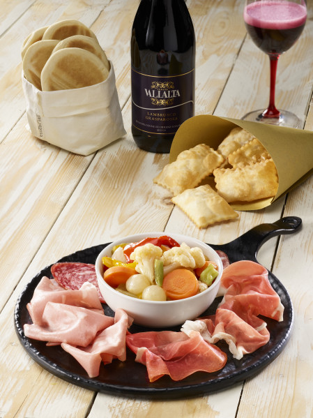 Rustic Platter from Emilia with Mixed Cold Cuts, Pickled Vegetables, Tigella Flatbreads and Fried Dough Parcels