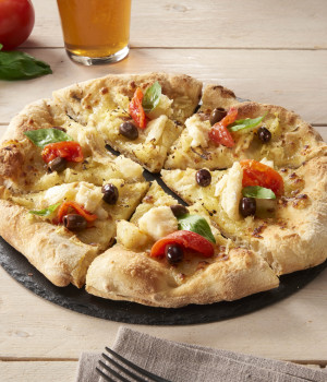 Pizza with Cod,Potato,Olives and Mini REd