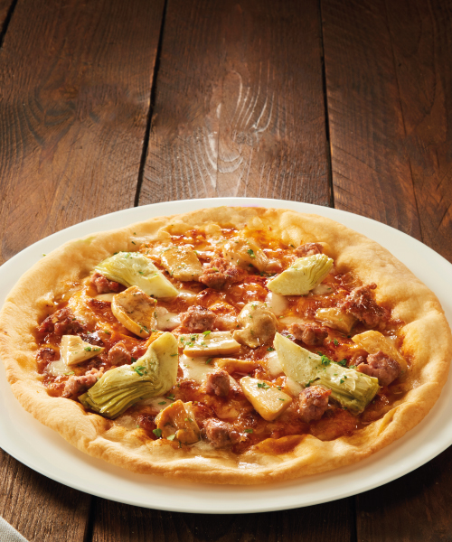 ARTICHOKE, MUSHROOM AND SAUSAGE PIZZA