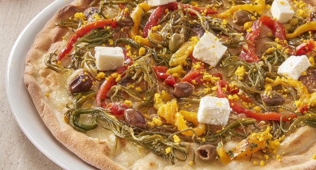 PIZZA ÈAGRETTI, ROASTED PEPPERS, LECCINO OLIVES, FETA CHEESE AND EGG YOLKS