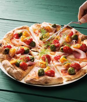 Pizza with Marlin, Olives , Dorati and Yellow semi dried tomatoes ,
