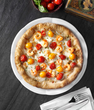 Pizza with Prawns and Cherry Tomatoes