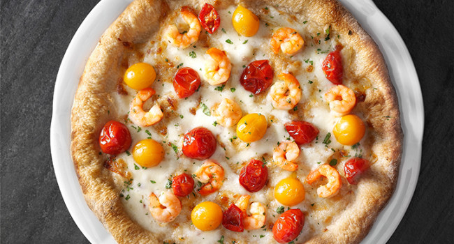 Pizza with Prawns and Cherry Tomatoes