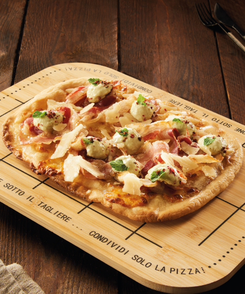 P.A.L.A. PIZZA WITH ARTICHOKE SAUCE, BACON AND PARMESAN CHEESE SHAVINGS