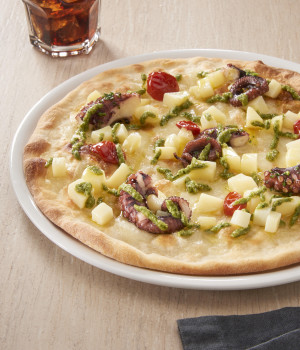 Pizza with octopus,potato,genovese pesto and Dorati tomatoes