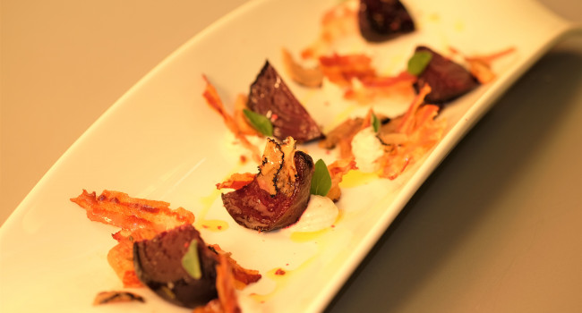 Beets, Porcini, Robiola cheese and Truffle mouse, crispy Pancetta