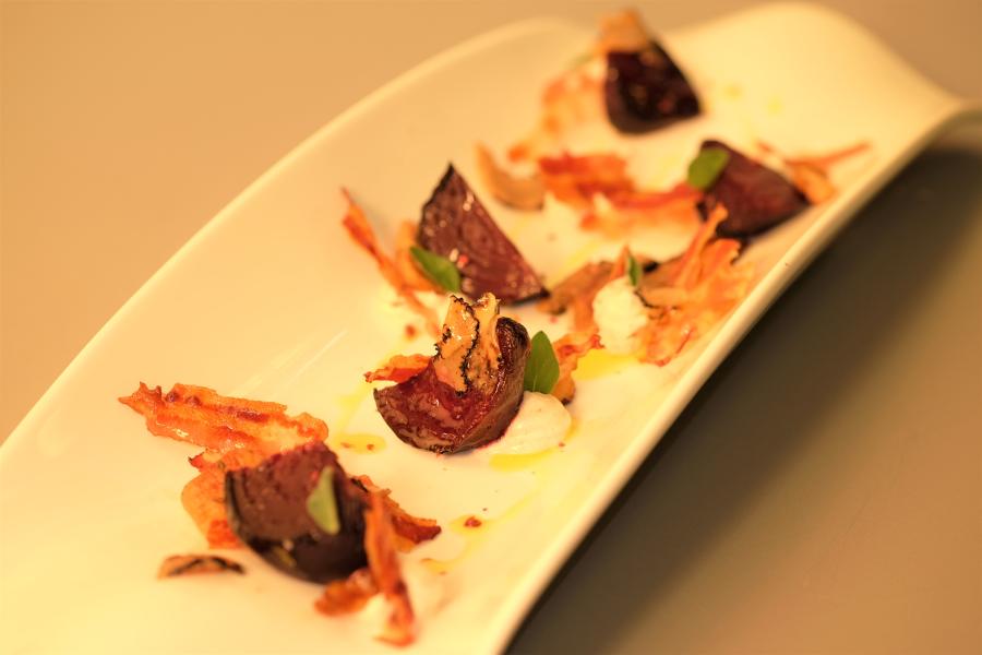 Rape,Porcini, Robiola tartufata e pancetta croccante