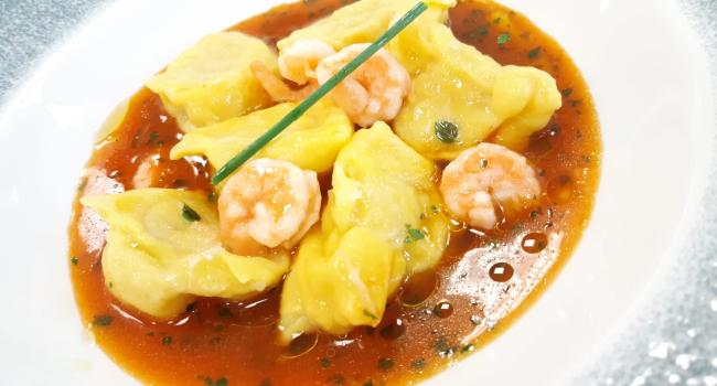 RAVIOLI DEL PLIN ALLA CERNIA CON BISQUE DI CROSTACEI E MAZZANCOLLE