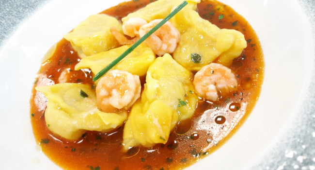 Grouper Stuffed "Plin" Ravioli with prawns and bisque sauce