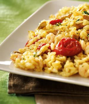 Gransalsa mit Spargelspitzen-Risotto mit Dorati-Tomaten und Garnelen