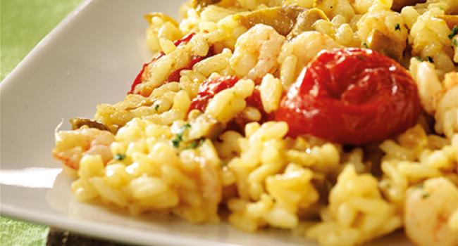 Gransalsa mit Spargelspitzen-Risotto mit Dorati-Tomaten und Garnelen