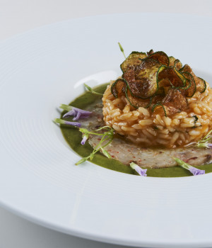RISOTTO CON ÈBISQUEDICROSTACEI,  CREMA DI ZUCCHINE E TARTARE DI GAMBERO