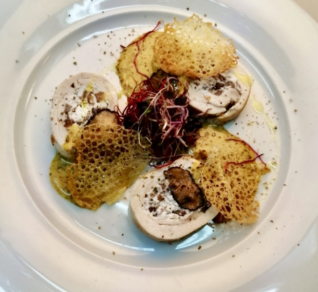 Chicken roulade stuffed with ricotta and mushrooms, truffle sabayon and crispy bread