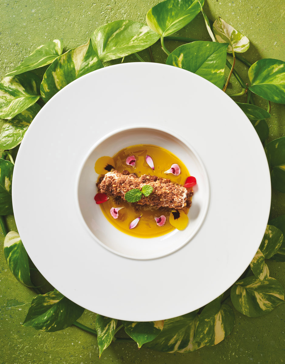 SEMIFREDDO AL COCCO CON SBRISOLONA AL CIOCCOLATO E COULIS DI MANGO