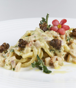 SPAGHETTONI WITH SMOKED SWORDFISH,  CITRUS SAUCE AND CAPERS