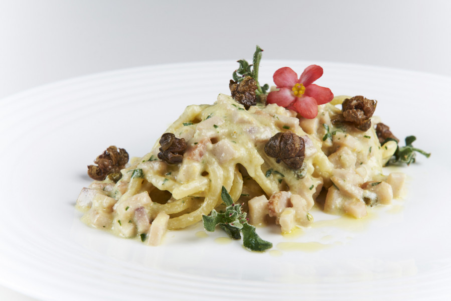 SPAGHETTONI WITH SMOKED SWORDFISH,  CITRUS SAUCE AND CAPERS