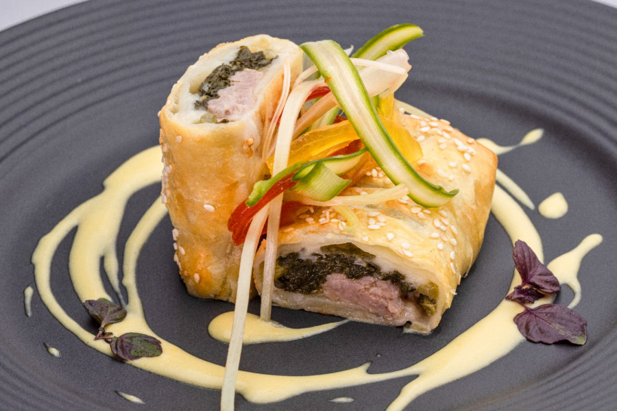 SAVORY STRUDEL WITH FRIARIELLI, SAUSAGE AND PARMIGIANO SAUCE