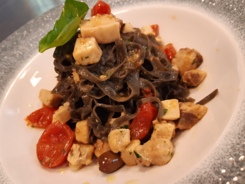 Squid ink Taglioli with Swordfish and Cherry Tomatoes