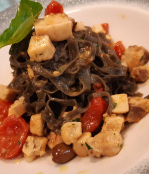 Squid ink Taglioli with Swordfish and Cherry Tomatoes