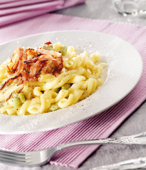 Torcetti pasta with fava beans , pecorino cheese and crispy pancetta