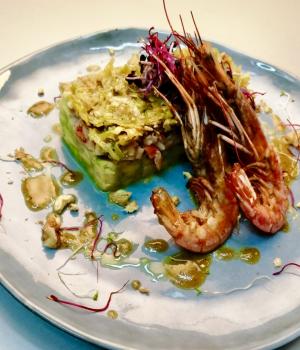 Tower of avocado, prawns and leeks with walnut dressing