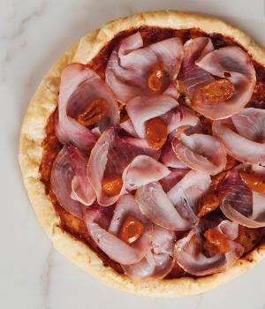 Flan with yellow datterini and smoked sword fish