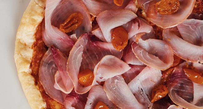 Flan with yellow datterini and smoked sword fish