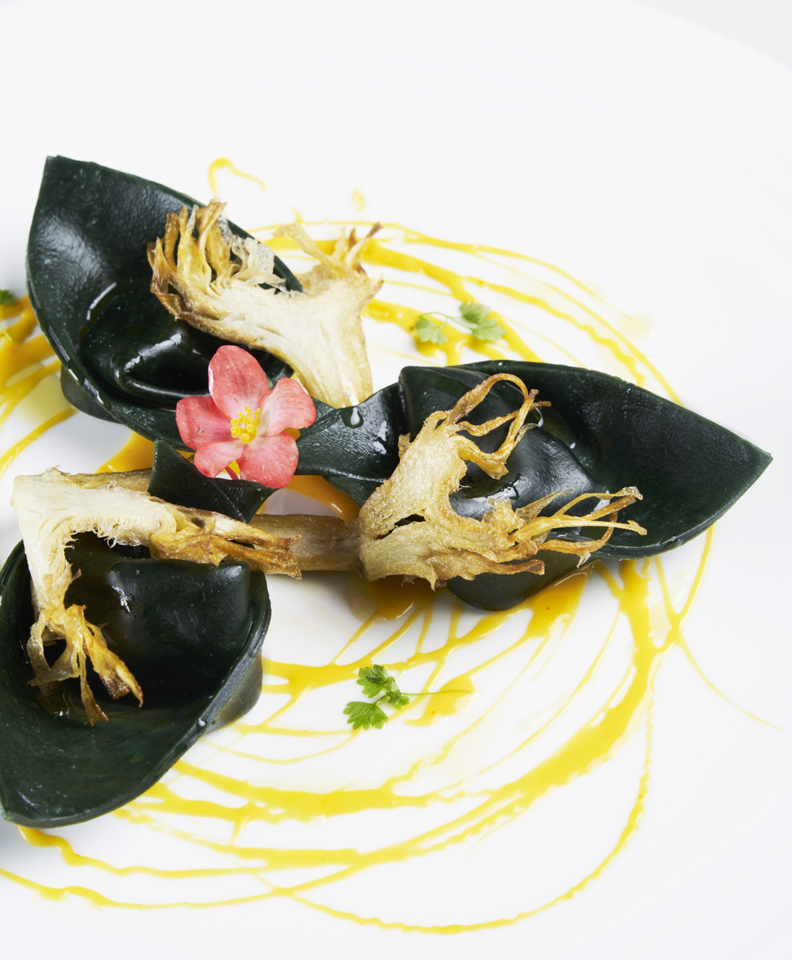 CHLOROPHYLL TORTELLONI WITH ARTICHOKES,  GOAT CHEESE AND SAFFRON SAUCE