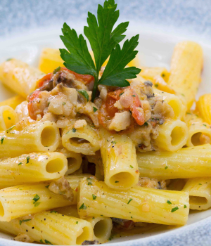 Tortiglioni with rockfish and datterino tomatoes sauce