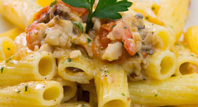 Tortiglioni with rockfish and datterino tomatoes sauce